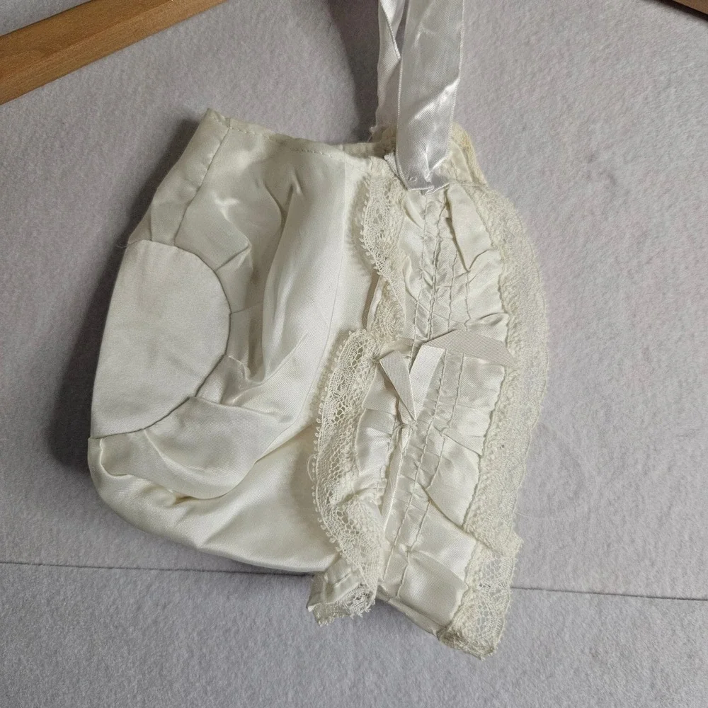 Vintage Ivory Satin Christening Gown Set Coat Bonnet Lace Smocked Baptism 6-9mos
